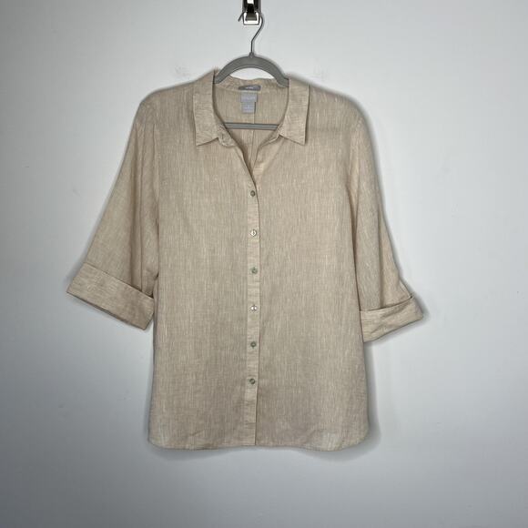 Chico's Shirt Womens 16 3 Beige 100% Linen No Iron Button Front 3/4 Sleeve - Picture 4 of 8